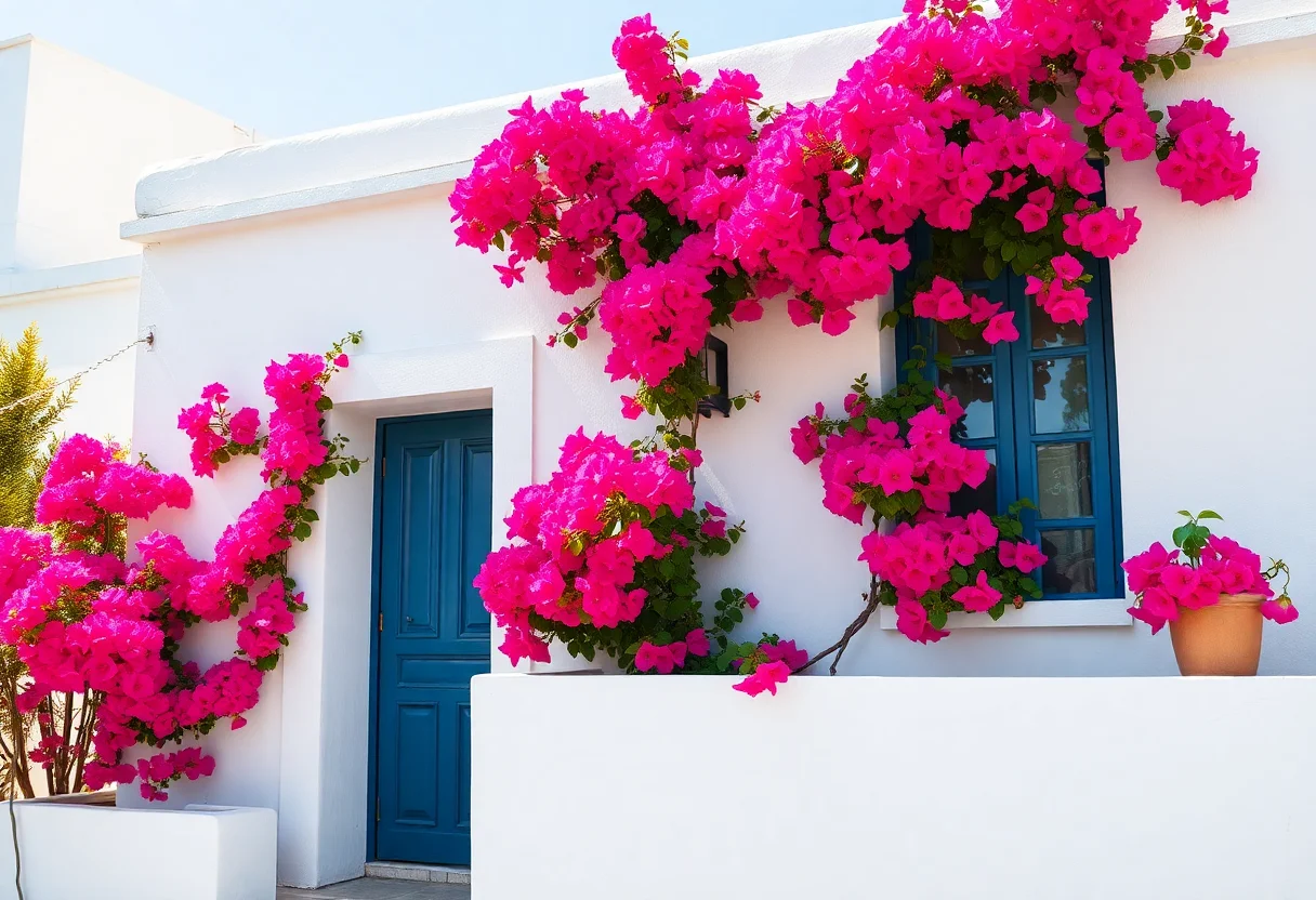 A classic white house with bougainvillea flowers in an Aegean coastal town