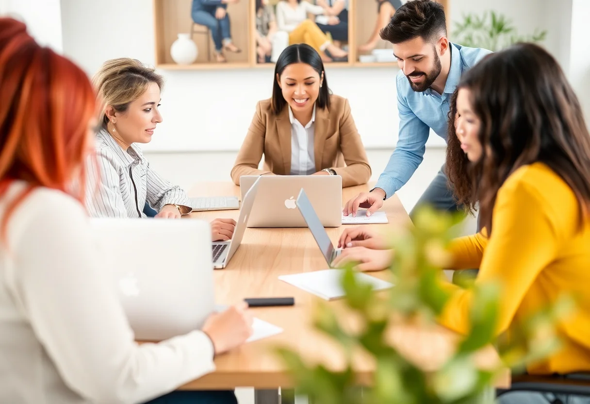 A diverse group of people collaborating around a table with laptops.