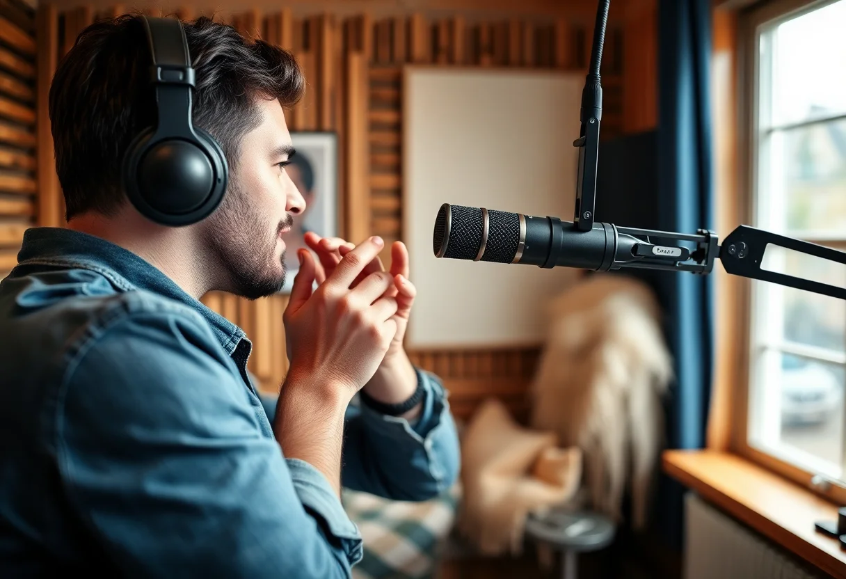 A person adjusting a microphone in a cozy podcast recording studio.