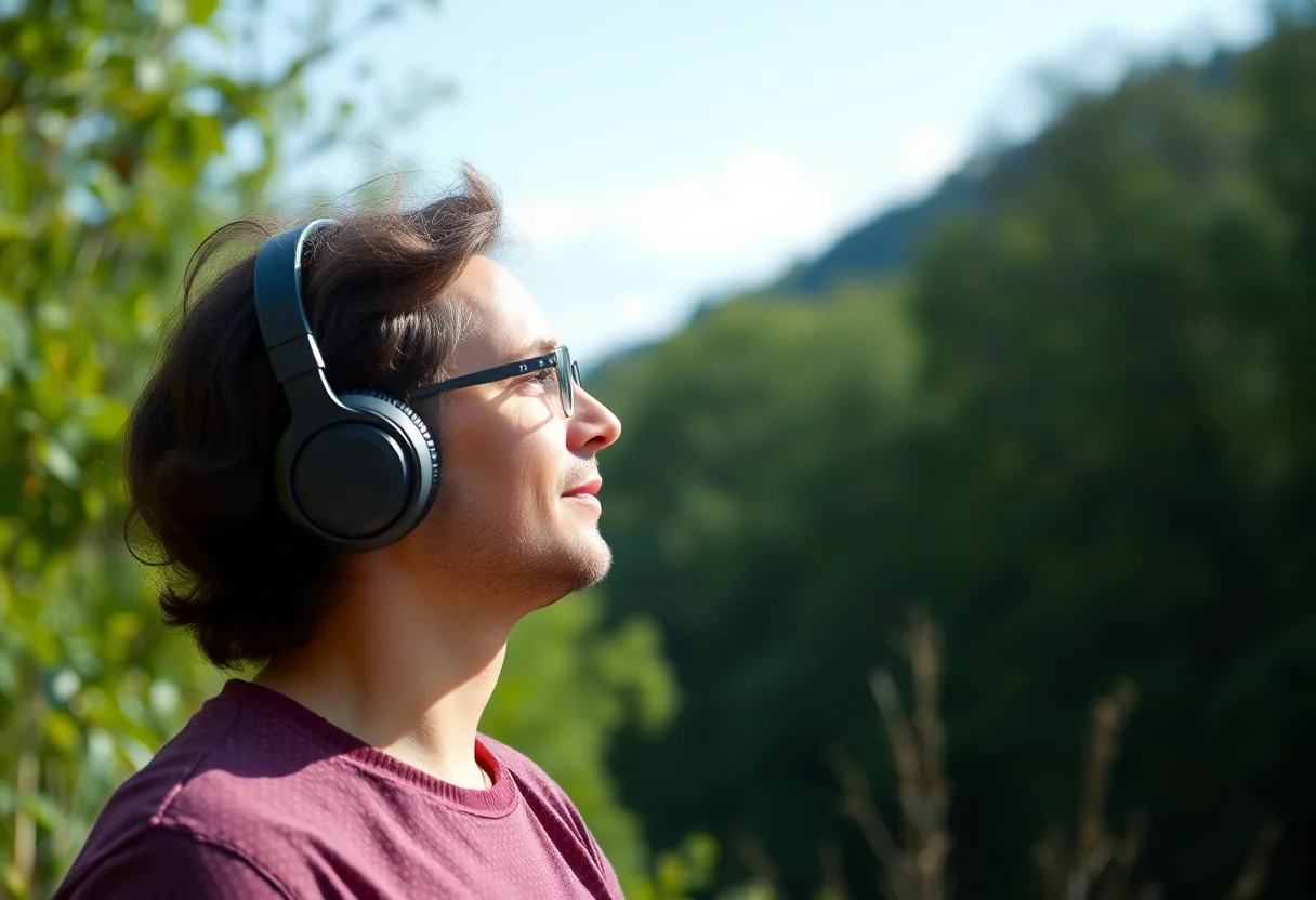 A person listening to a podcast with headphones in a serene natural environment.