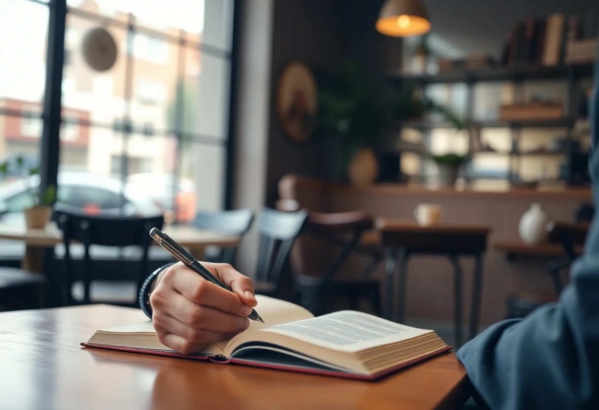 A person writing a story in a notebook in a cozy cafe setting.