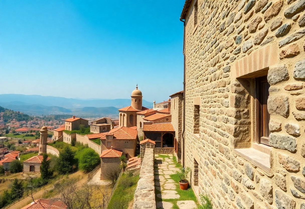 A scenic view of a historical Anatolian town with stone houses and beautiful landscape.