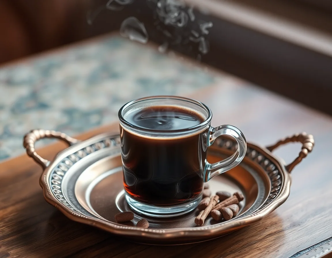 A steaming cup of Turkish coffee on a traditional copper tray.