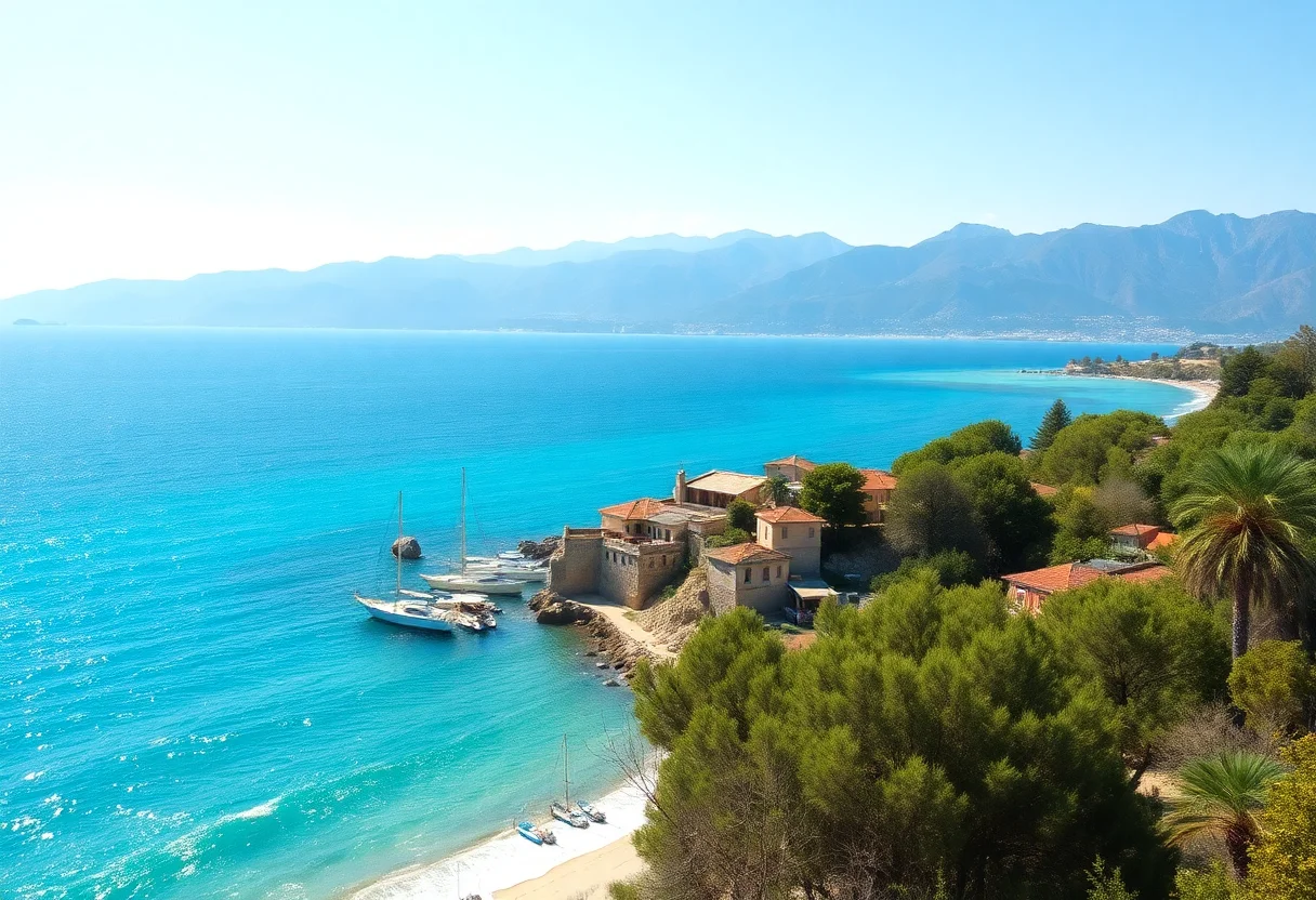 A sunny view of the Mediterranean coast with turquoise water and Taurus mountains in the background.