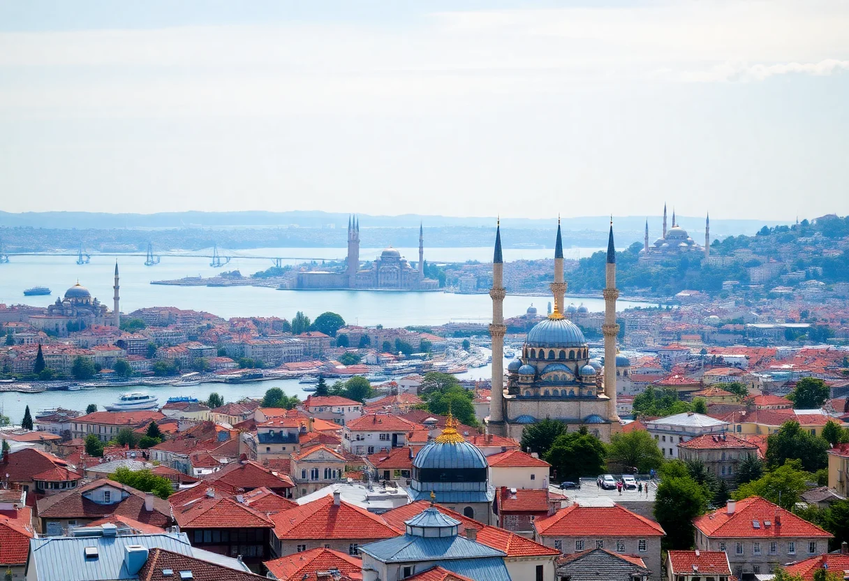 Aerial view of Istanbul with the Bosphorus strait and historical mosques