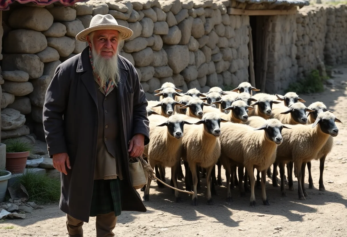 An old shepherd with a flock of sheep in a rural Turkish setting.