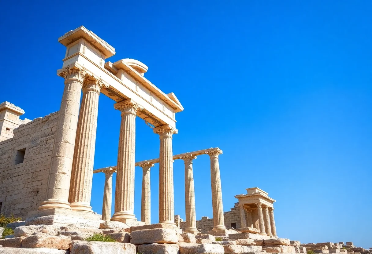 Ancient ruins of an Aegean city under a clear blue sky.