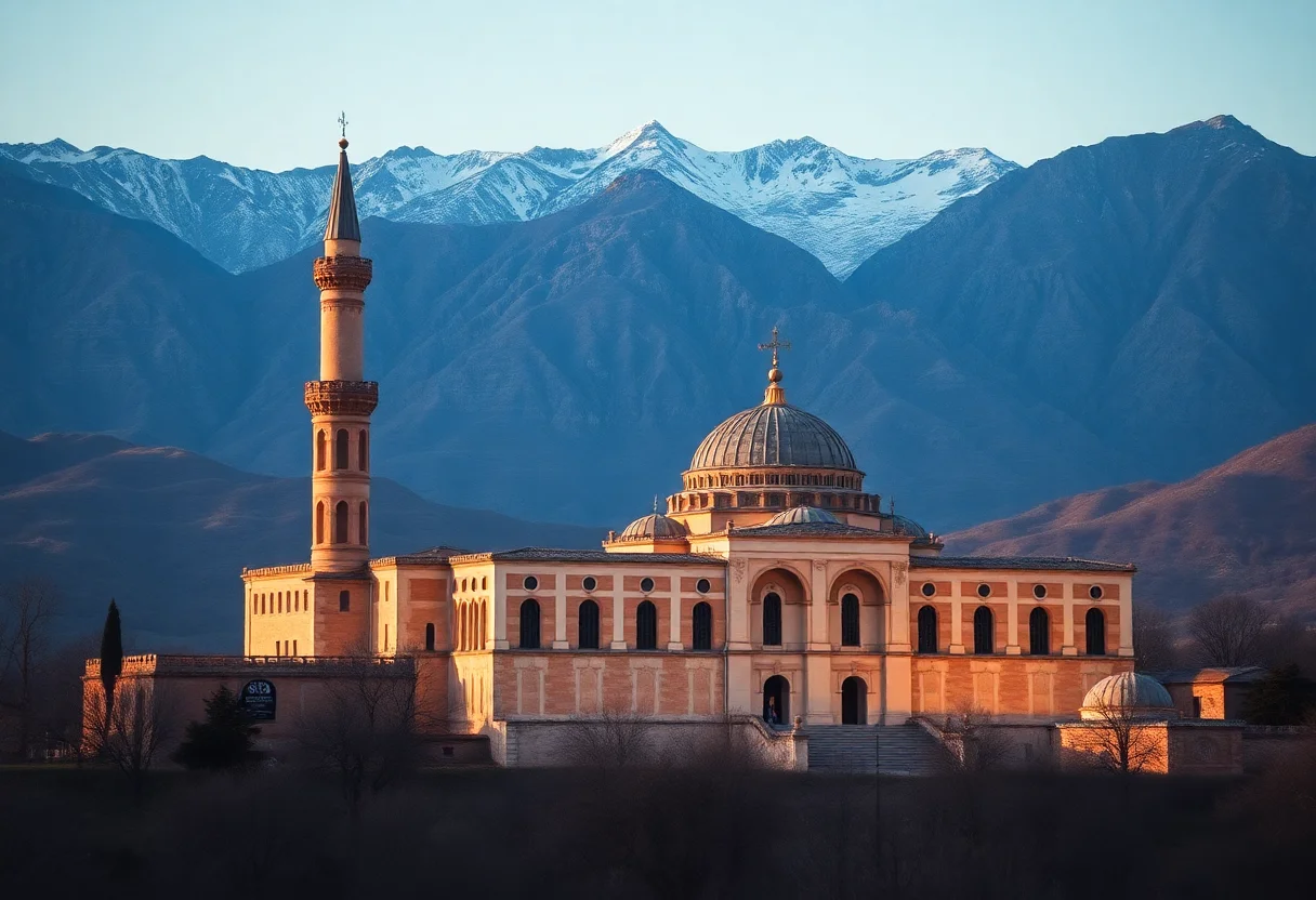 Dramatic view of Ishak Pasha Palace in Eastern Anatolia against a mountainous backdrop.