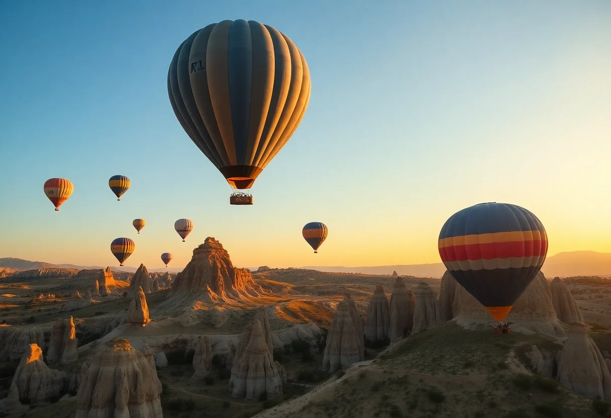 Hot air balloons flying over the fairy chimneys of Cappadocia at sunrise