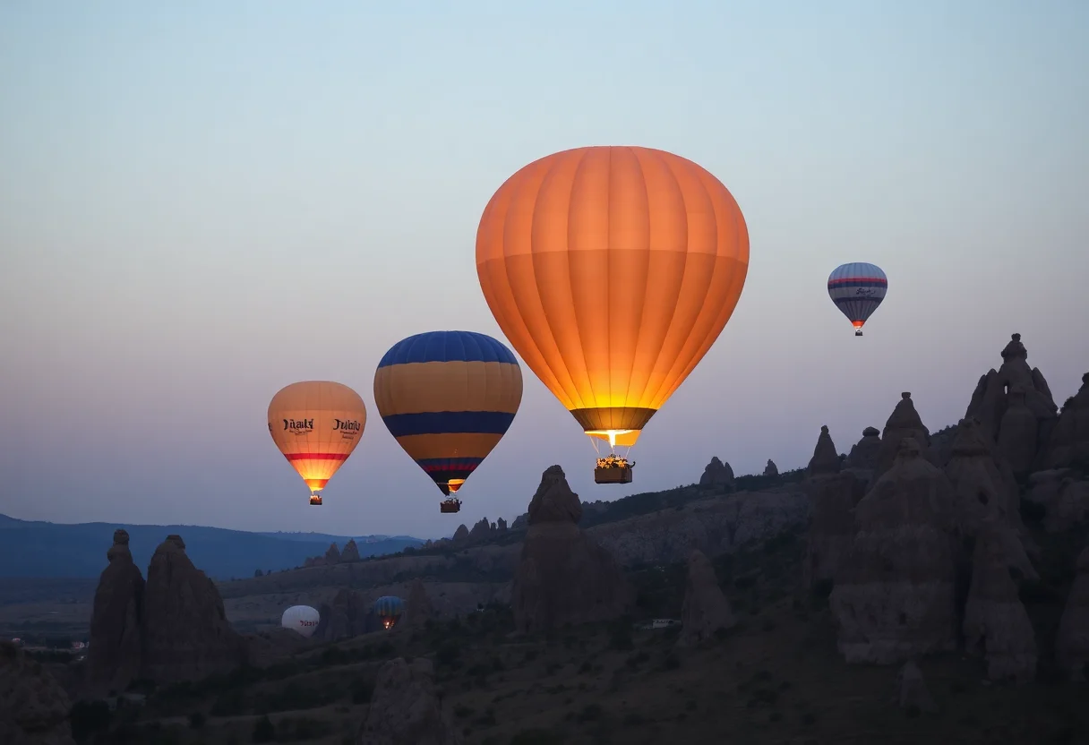Hot air balloons flying over the fairy chimneys of Cappadocia in Central Anatolia at sunrise.