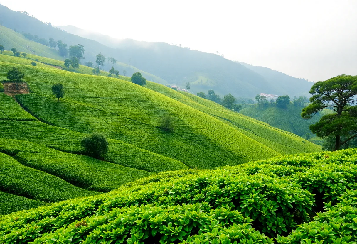 Lush green tea plantations on a hillside in the Black Sea region
