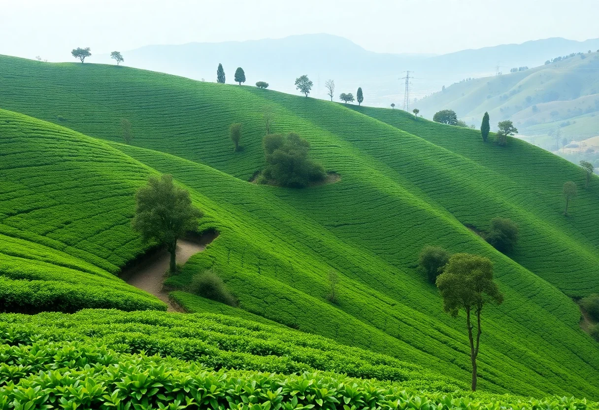 Lush green tea plantations on the hills of the Black Sea region in Turkey.