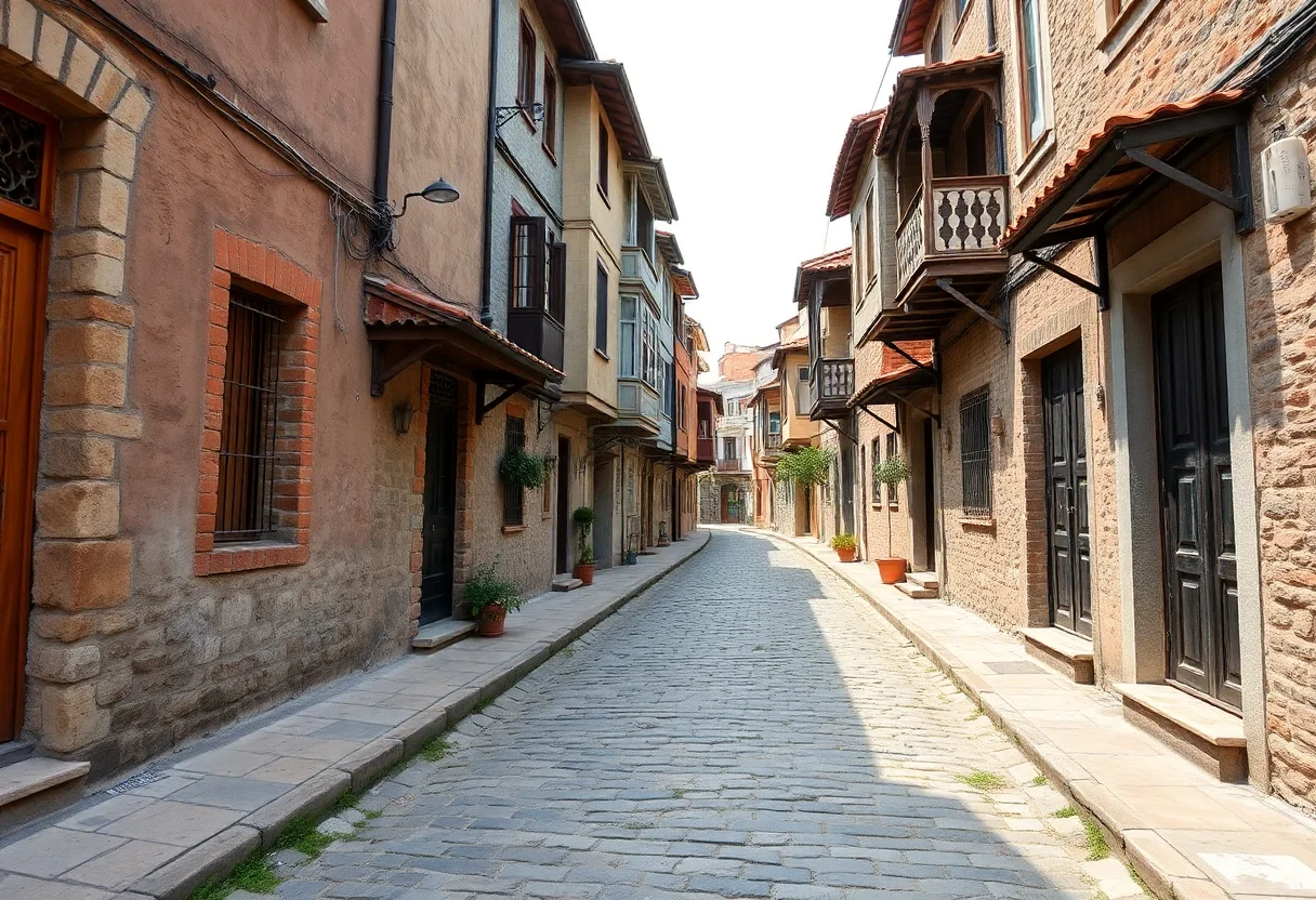 Narrow cobblestone street in a historic Anatolian town with old houses