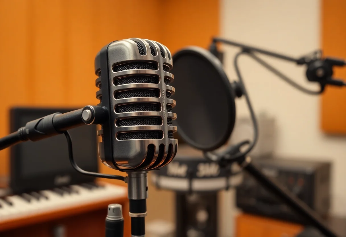 Vintage microphone in a recording studio setting, representing audio content creation.
